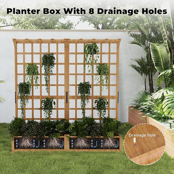 2 Tiers Wood Planter Box & Trellis, 44.4'' x 16.2'' x 63'' Outdoor Elevated Bed, Wooden Garden Bedding Hanging Roof with Climbing Trellis for Garden, Balcony, Yard, Patio (8 single Drainage Holes)