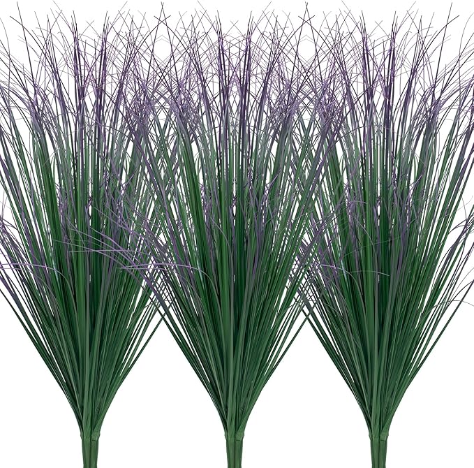LUZOGA 12Pcs Artificial Grass Plants, Faux Shrubs Wheat Grass, Artificial Tall Grass Fake Plants for Outdoor Decor,Artificial Greenery Stems Weed for Room Indoor Home Decor（Green Purple Tail）
