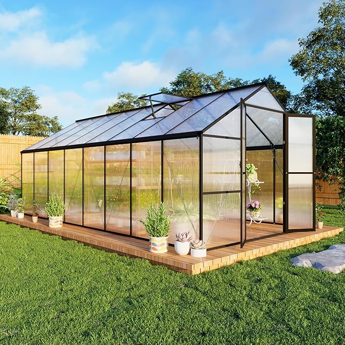 8X16 FT Large Greenhouses, 6 FT Height Aluminum Walk in Greenhouse with 2 Roof Vent, Quick Setup Polycarbonate Greenhouse with Rain Gutter for Outdoor Backyard Garden, Black