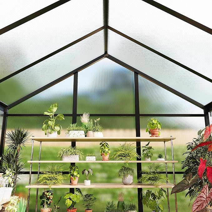 8X12 FT Greenhouse for Outdoors, Polycarbonate Flower Greenhouse with Roof Vent, Push-Pull Lockable Door, Aluminum Walk-in Greenhouses for Outside Garden Backyard, Patio, Lawn, Black