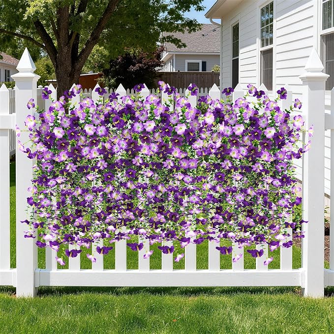 Artificial Fake Hanging Flowers Plants for Outdoor Spring Decoration,2 PCS Faux Silk Morning Glory with Eucalyptus Leaves,UV Resistant Realistic Trailing Vines for Balcony Porch Patio Yard Garden