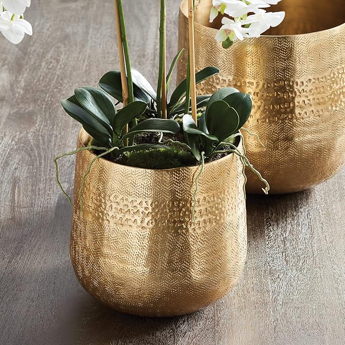 MY SWANKY HOME Elegant Classic Embossed Metal Gold Cachepot Planter Hammered Textured Round 8.25 in Indoor
