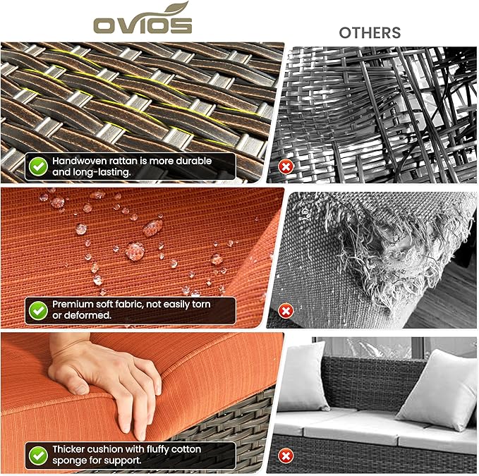 ovios 6 Pieces Patio Furniture Set, Outdoor Wicker Sofa Couch with Swivel Chairs Ottomans Comfy Cushions, High Back Modern All Weather Conversation Sets, Brown Rattan, Orange Red