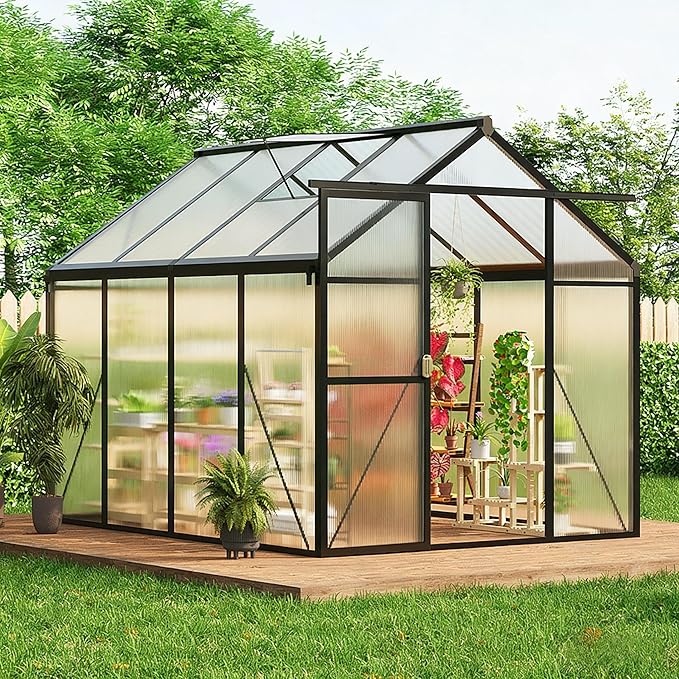 Greenhouse, 6x8 ft Greenhouse for Outdoors, Walk-in Green House with Ground Nails and Vent Windows, Sliding Lockable Door, Polycarbonate Green House for Outside Garden Backyard, Quick Setup, Black