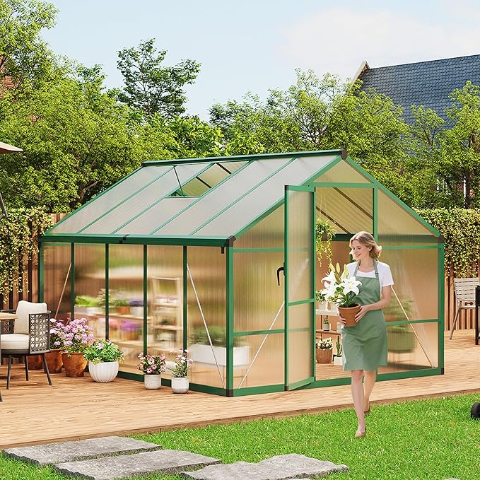 8X10FT Outdoor Greenhouse, Aluminum Polycarbonate House, Green Houses for Outside with Sliding Doors, Ajustable Roof Vent, Withstands Bad Weather for Garden, or Backyard, Green