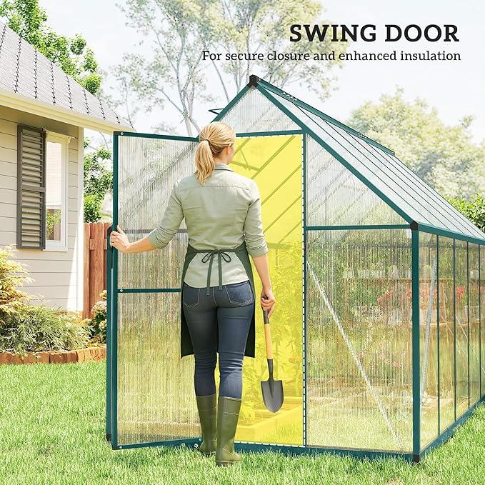 Outsunny 11x6 ft Polycarbonate Greenhouse with Swing Door and Two Adjustable Roof Vents, Aluminum Walk-in Greenhouse Outdoor Greenhouse for Patio Garden Backyard, Dark Green