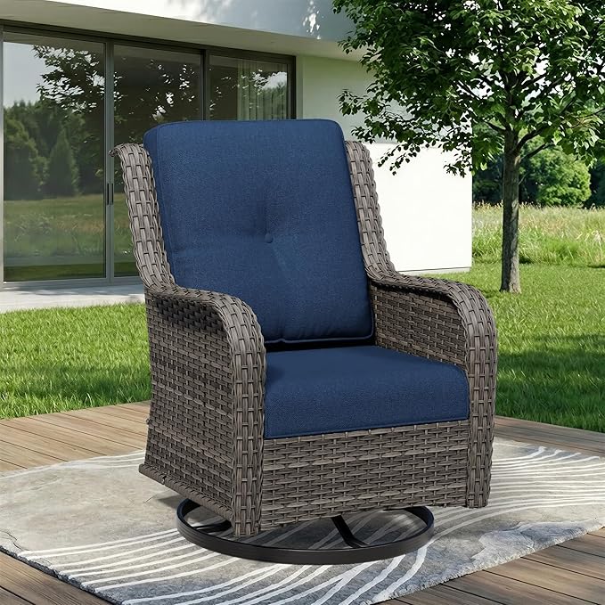 Outdoor Swivel Rocker Patio Chair - Outdoor Wicker Patio Furniture with Thickened Olefin Cushions, High Back and Deep Seating, Hand-Woven PE Rattan for Porch, Deck, Balcony, Blue