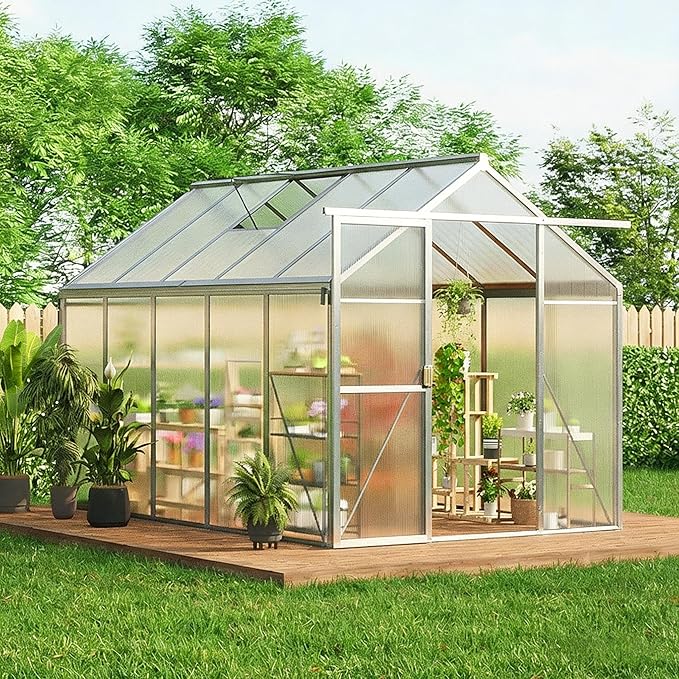 6X10 FT Greenhouse for Outdoors, Walk-in Greenhouse Kit with Aluminum Frame, Polycarbonate Panels, Adjustable Roof Vent, Sliding Door, Secure Lock for Outside Garden, Patio, Backyard