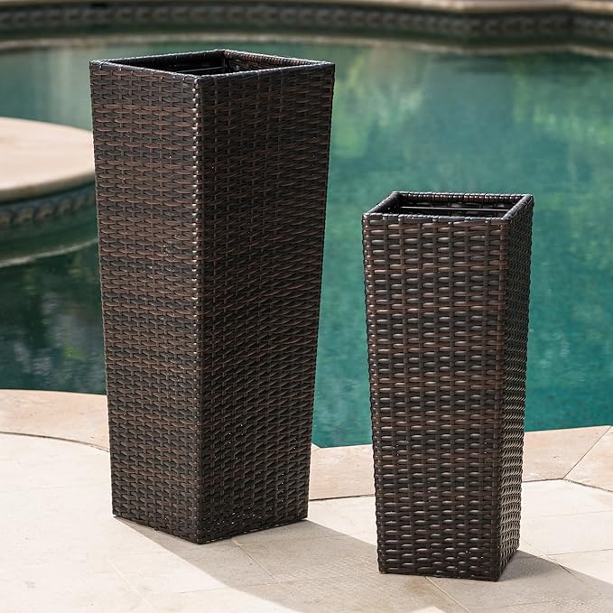 32"H Outdoor Rattan Flower Pots Set of 2,Patio Wicker All-Weather Planter Set,Rattan Plant Pots with Iron Frame for Herb Garden,or Indoor Decor,Large & Small Sizes, No Assembly Required Brown