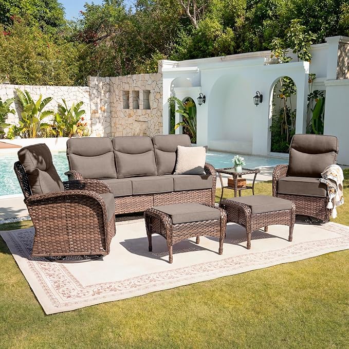 Belord Upgraded 6“ Cushion Luxury 6 Piece Patio Furniture Set - Wicker Couch Outdoor Conversation Set with Swivel Rocker Patio Chairs, Deep Seat Glider Chairs Set for Deck Porch - Brown/Grey