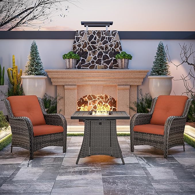 Joyside 3 Piece Wicker Patio Furniture Set with Fire Pit Table, Rattan Patio Chairs with High Back, Deep Seating, Wide Armrest, Thickened Cushions, Outdoor Furniture for Deck, Porch Use