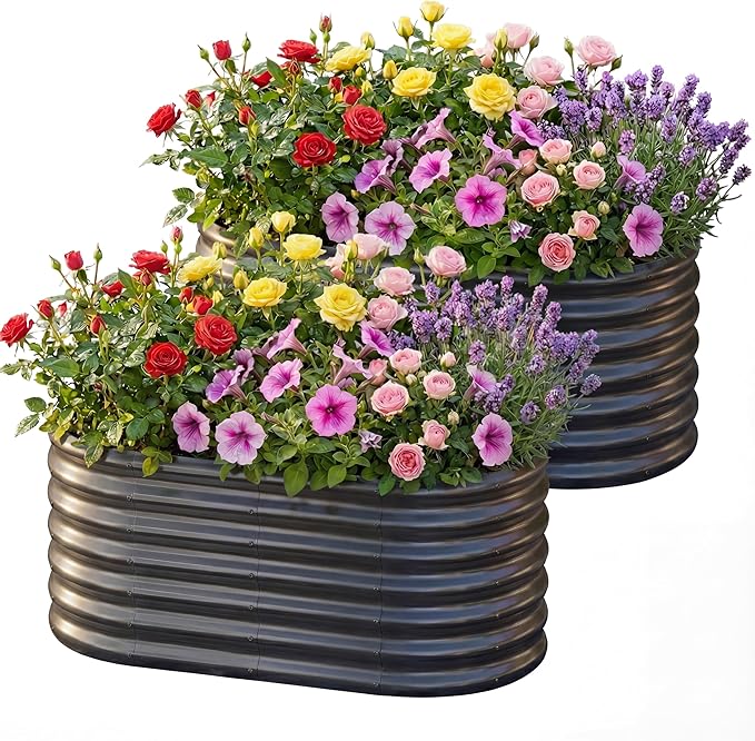 AHEONLAR 2 Pack 4×2×2ft Galvanized Raised Garden Beds Outdoor, Oval Sturdy and Durable Planter Boxes for Vegetables, Fruits, Flowers and Plants, Easy Assembly, Grey