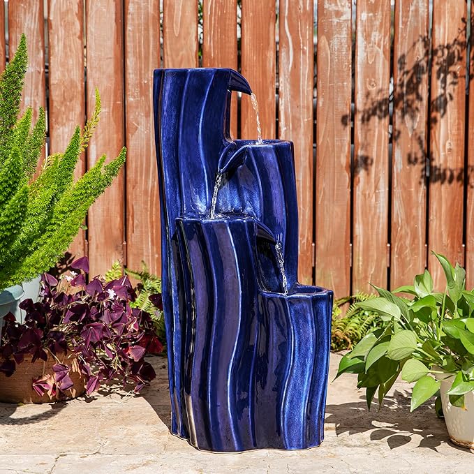 Glitzhome 30" Tall Outdoor Water Fountain with LED Light, Pump & Adapter, 4-Tier Cobalt Blue Wavy Texture Ceramic Cascading Garden Fountains Waterfalls for Porch Deck Patio Backyard