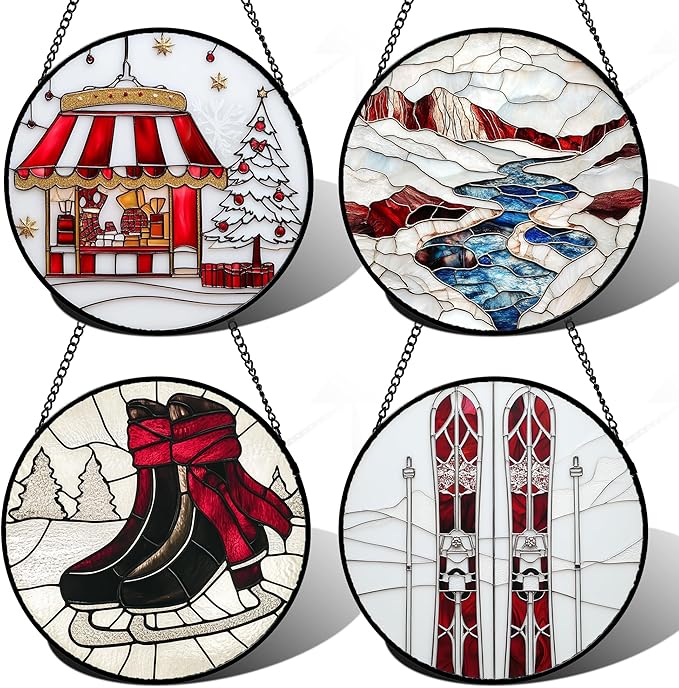 AMDERVEN Stained Glass Window Hanging 4 Pcs Set Winter Skiing Red Christmas House 6.3" - Suncatcher Door Garden Sun Catcher Decor Birthday Mother's Day for Mom Woman Nana Friend