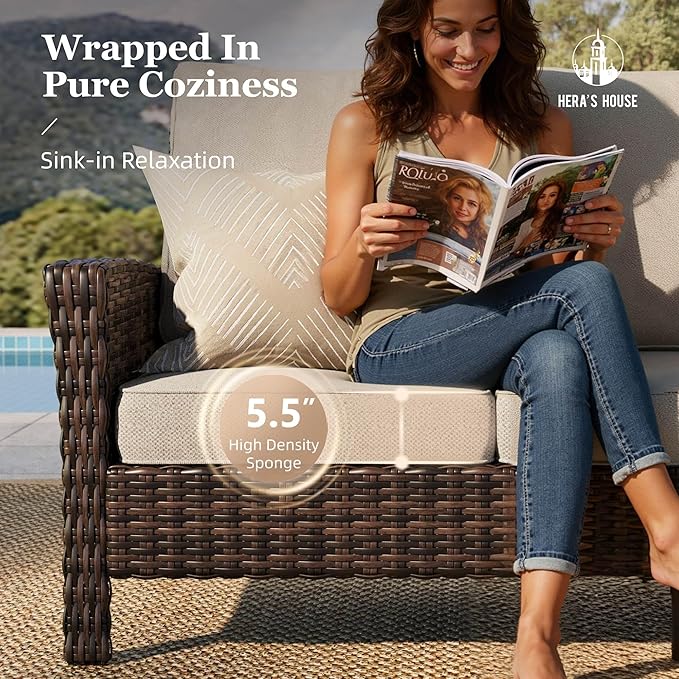 Luxury Patio Furniture Set with 5.5" Thick Cushion, Outdoor Wicker Conversation Set, 4 x High Back Swivel Patio Chairs with Tempered Glass Table, Waterproof 3-Seat Sofa for Deck Lawn Deck Yard, Beige