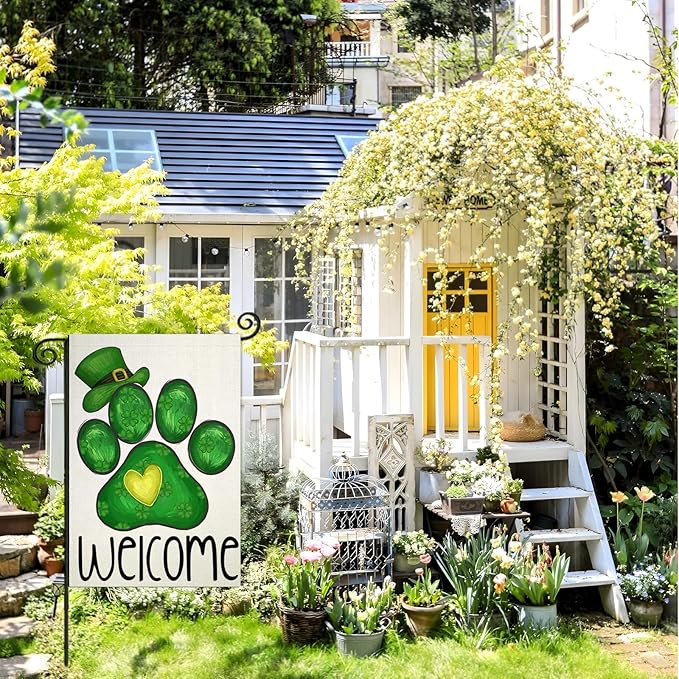 Welcome St Patricks Day Garden Flags for Outside, Irish Dog Paw with Green Hat Lucky Shamrocks Yard Decoration, Small Seasonal Outdoor Decor for Farmhouse Holiday,12x18 Inch Double Sided