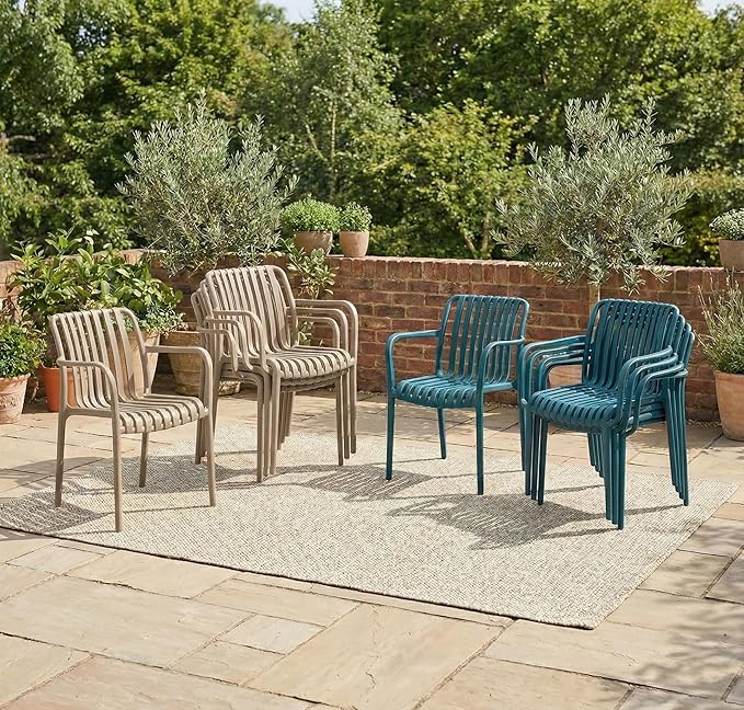 4 x Outdoor Stackable Dining Chair, All-Weather Plastic Patio Chair, Pool Side Chair, Modern Slatted Design for Balcony, Garden, Backyard, Indoor & Outdoor Use (Armrest, Teal Blue)