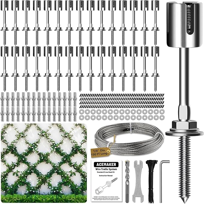 Acemaker Wire Trellis for Climbing Plants Outdoor, 30-Set Wall Wire Trellis Kit with 1/8in x 150ft Stainless Steel Cable, T316 Espalier System for Fence and Garden DIY Projects