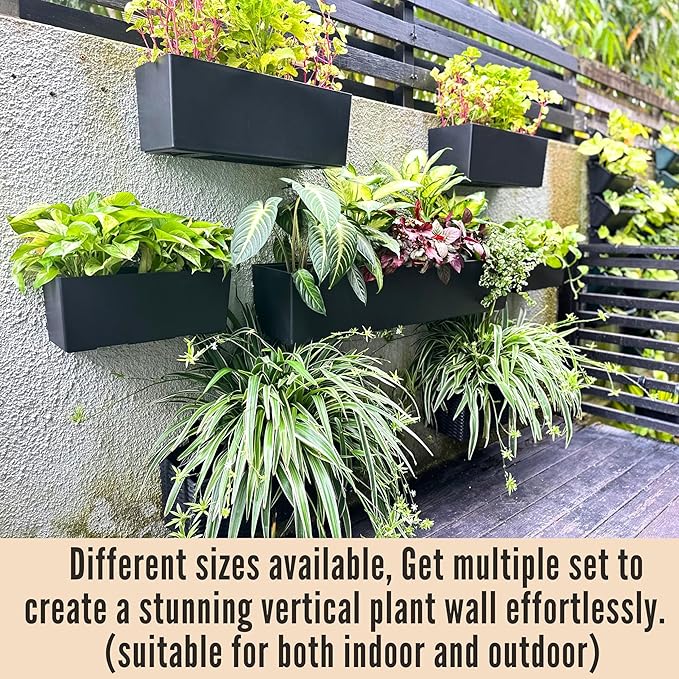 LaLaGreen Wall Planters for Indoor (2 Pack, 20 Inch) Black Self Watering Rectangular Window Planter Box Outdoor with Bracket Wall Mount Vertical Garden Balcony Herb Plant Holder Stylish Flower Pot