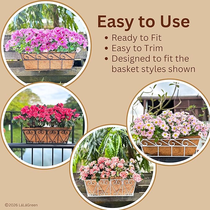 LaLaGreen 16" (8 Pack, Rectangular) Trough Coco Liners for Planter – Medium Coconut Coir Replacement for Window Box, Wall Mount Flower Pot, Outdoor Use– Also Available in 24/30’’ and Different Shapes