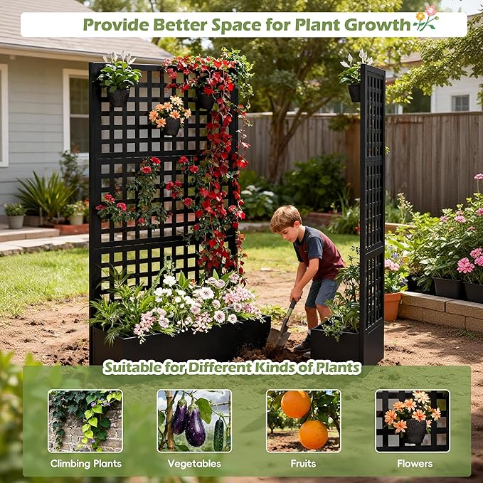 Metal Raised Garden Bed with Trellis Set of 2, Vegetable and Flower Garden Boxes, Black Planter Box with Trellis for Climbing Plants Vegetable Outdoor Indoor, Large 2Pcs Set