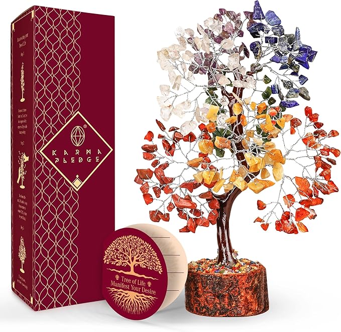 KARMAPLEDGE 7 Chakra Healing Crystal Tree of Life with Manifestation Card, Handmade Silver Wire Crystal Tree for Good Luck, Positive Energy, Wealth, Reiki Healing, and Decor, Gift for Women and Mom