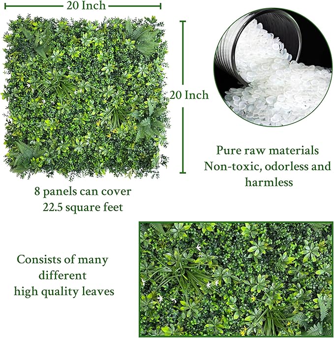 ODTORY Artificial Greenery Wall Panels: 20"x 20" 8P Faux Grass Wall Backdrop Boxwood Ivy Privacy Screen with UV Protection,Fake Hedge Fence for Outdoor,Indoor,Garden,Backyard and Home Decor