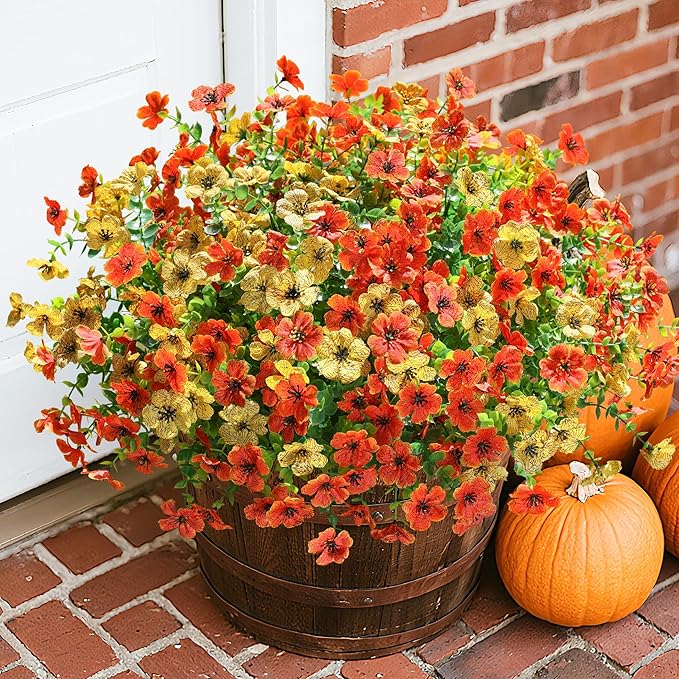 florisso Artificial Fall Flowers Fake Mums for Outdoor Autumn Decoration, 12 Bundles Faux Silk Orange Yellow Mums Daisy Look Real UV Resistant for Outside Home Porch Patio Planter
