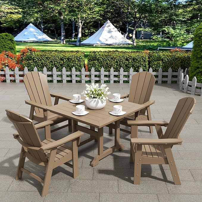 WestinTrends Malibu 5 Piece Adirondack Outdoor Dining Set, All Weather Poly Lumber Patio Table and Chairs Furniture Set, 43" Trestle Square Dining Table and 4 Adirondack Dining Chair, Weathered Wood
