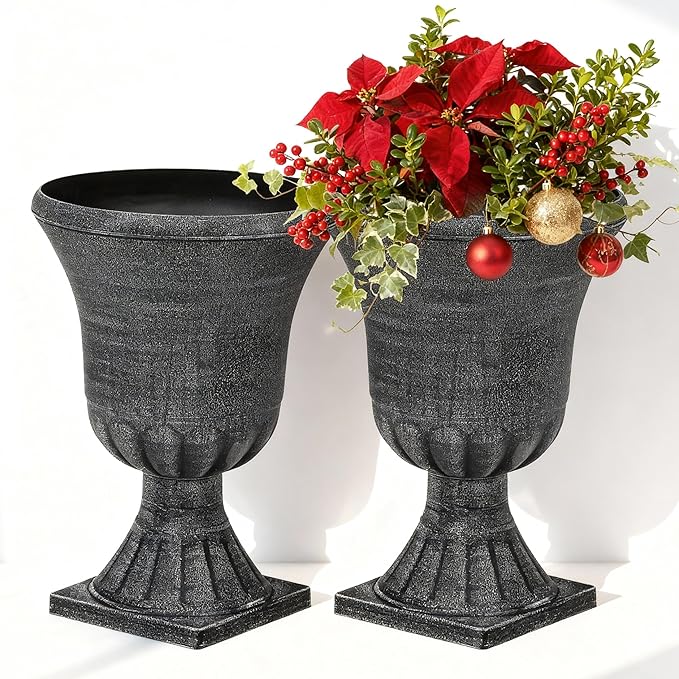 Ultym 22" Large Urn Planters (Set of 2), Handmade Washed Black Plastic Flower Pots, Weatherproof for Porch, Garden, Patio or Home Décor