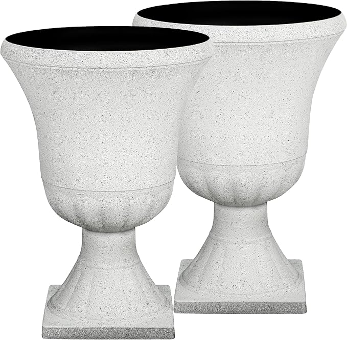 Autodaya 22" Urn Planters Outdoor Planter for Plants Set of 2 Timeless Plastic Large Flower Pot with Drainage Hole Terrazzo White Garden Pots for Porch, Patio Christmas Decor
