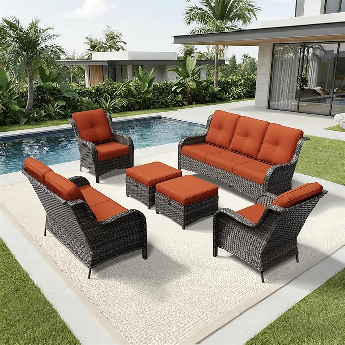 Joyside 6 Piece Wicker Patio Furniture Set, Rattan Patio Chairs with High Back, Deep Seating, Wide Armrest, Thickened Cushions, Outdoor Furniture for Deck, Porch Use