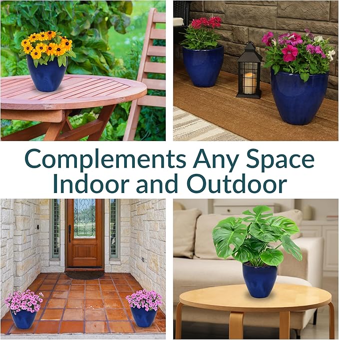 Sunnydaze Round Resort Ceramic Planter - Set of 2 Indoor or Outdoor Plant Pots with Drainage Hole - 10" - Imperial Blue Glaze