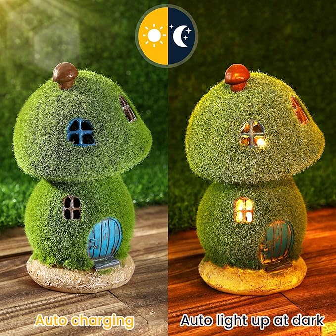 Darkdec Mushroom Fairy House Decor - Figurine Lights Outdoor Solar Fairy Garden House for Patio Lawn Yard Ornaments, Housewarming Gift 7.4 inch