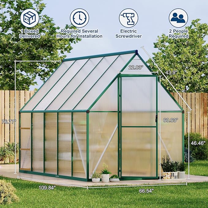 6'X9' Aluminum-Framed Polycarbonate Greenhouse, Heavy Duty Polycarbonate Greenhouse with Quick Setup Structure and Roof Vent, Large Enhanced Aluminum Greenhouses Kit for Outdoors