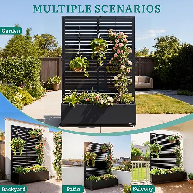 Metal Planter Box with Trellis, Galvanized Steel Raised Garden Bed with Privacy Screen, Lockable Casters, 73"x47"x16" Planter with Drainage Holes for Outdoor Climbing Plants, Vegetables, Patio