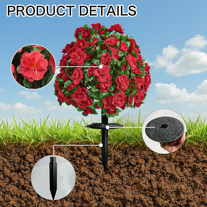AZXVT Artificial Flowers for Outdoors, Faux Outdoor Plants Fake Plants Topiary Balls Artificial Outdoor Set of 2 with Ground Spike for Home Front Porch Patio Garden Decor (Red)