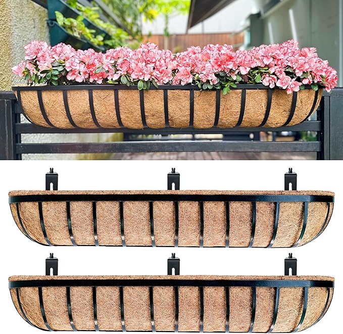 LaLaGreen Deck Railing Planters (48 Inch, 2 Pack) Extra Large Rectangular Railings Flower Box with Coco Liner, Black Metal Bracket Balcony Hanging Planter for Outdoor Plants Over Rail Fence Porch