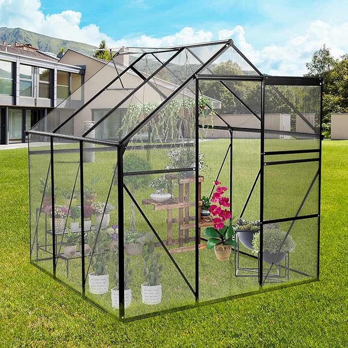 Favfurish 6x6 FT Polycarbonate Walk-in Greenhouse, All Season Garden Green Houses, Aluminum Hot House w/ Raised Base, Adjustable Vent Roof & Sliding Door for Outdoor Backyard, Black