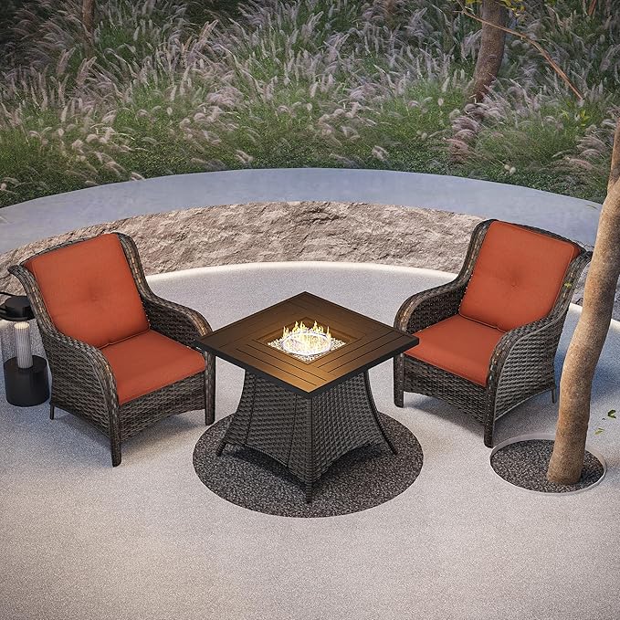 Joyside 3 Piece Wicker Patio Furniture Set with Fire Pit Table, Rattan Patio Chairs with High Back, Deep Seating, Wide Armrest, Thickened Cushions, Outdoor Furniture for Deck, Porch Use
