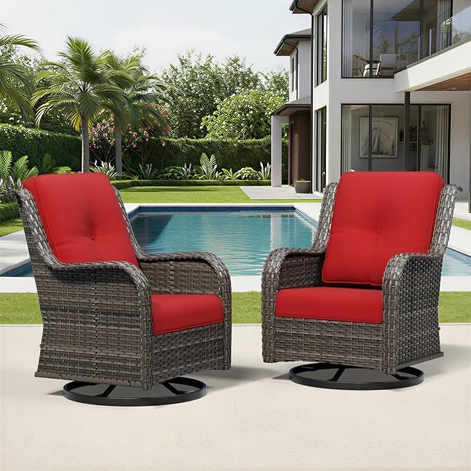 Joyside Swivel Patio Chairs Set of 2, Wicker Patio Furniture with High Back, Deep Seating, Wide Armrest, Thickened Cushions, Outdoor Rattan Furniture for Deck, Porch Use