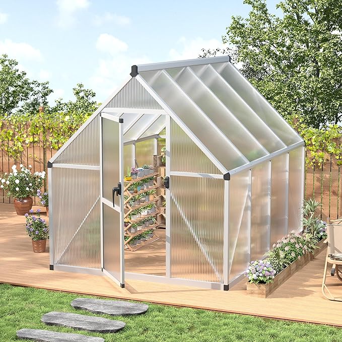 IDEALHOUSE 6x7 FT Greenhouse for Outdoors, Lockable Door and Ajustable Roof Vent, Polycarbonate Greenhouse with Windproof Aluminum Frame, Aluminum Walk-in Greenhouses, for Backyard, Lawn
