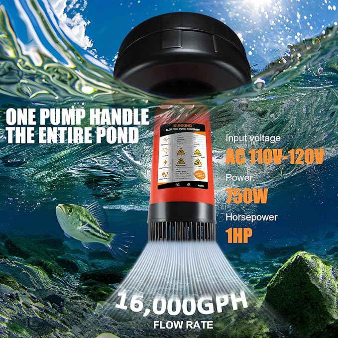 H1-1 Pond Fountain Aerator - 1HP 750W 16000 GPH Floating Aerating Pump with Timer, 120V/100FT Power Cord/2 Nozzles Outdoor Water Circulation Pump for Small Large Ponds, Lakes, Water Gardens