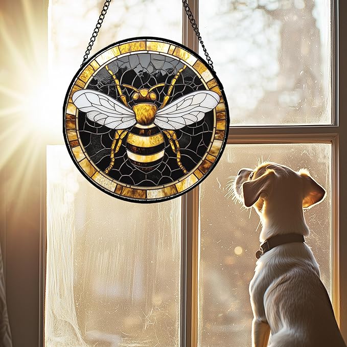 AMDERVEN Stained Glass Window Hanging - Black Gold Bee White Wings Sun Catcher for Door Home Decor Insect Suncatcher Christmas Mother's Day Birthday Gifts for Women Men Lovers Mom Nana 7.8 in