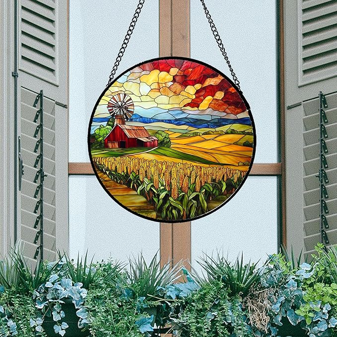 HWRHTR Stained Glass Window Hanging Autumn Farm Corn Harvest Landscape 7.8" - Suncatcher Garden Door Sun Catcher Home Decor Birthday Christmas for Woman Mom Friend Men Nana