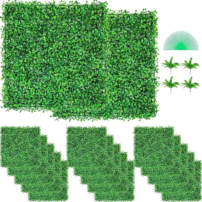 VEVOR Artificial Boxwood Panels 48pcs, 10 x 10 in Boxwood Hedge Wall Panel Artificial Grass Backdrop, 1.6 in Green Fake Grass Wall for Privacy Fence Decor Indoor Outdoor Garden Backyard