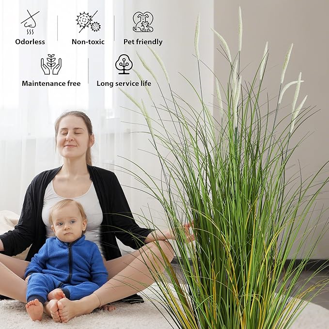 KOL 3ft 2-Pack Artificial Cattail Reed Grass, 35in Artificial Indoor Outdoor Fake Onion Grass Plant, Home Office Wedding Decorative Faux Potted Plant Greenery, Housewarming Gift, White