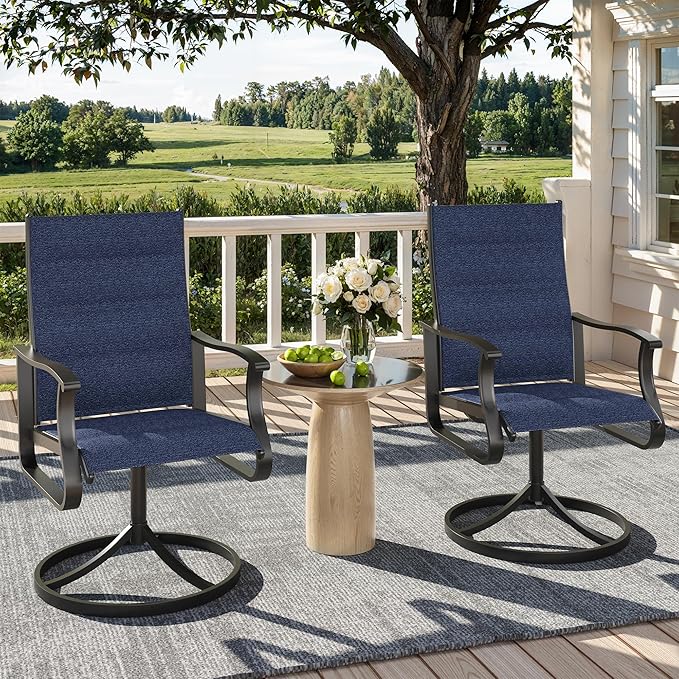 Patio Swivel Chairs Set of 2, Outdoor Dining Chairs with High Back, 360° Swivel Rocker Chair in All-Weather Padded Textilene & Metal Frame for Garden, Porch, Backyard, Balcony(Padded Navy)