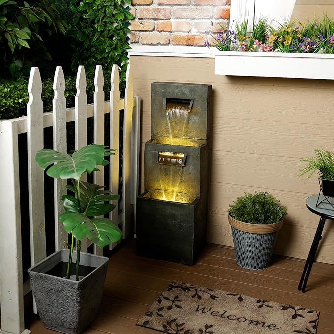 Alpine Corporation 40" Tall Two-Tier Modern Polystone Floor Fountain with Warm White LED Lightsl, Gray