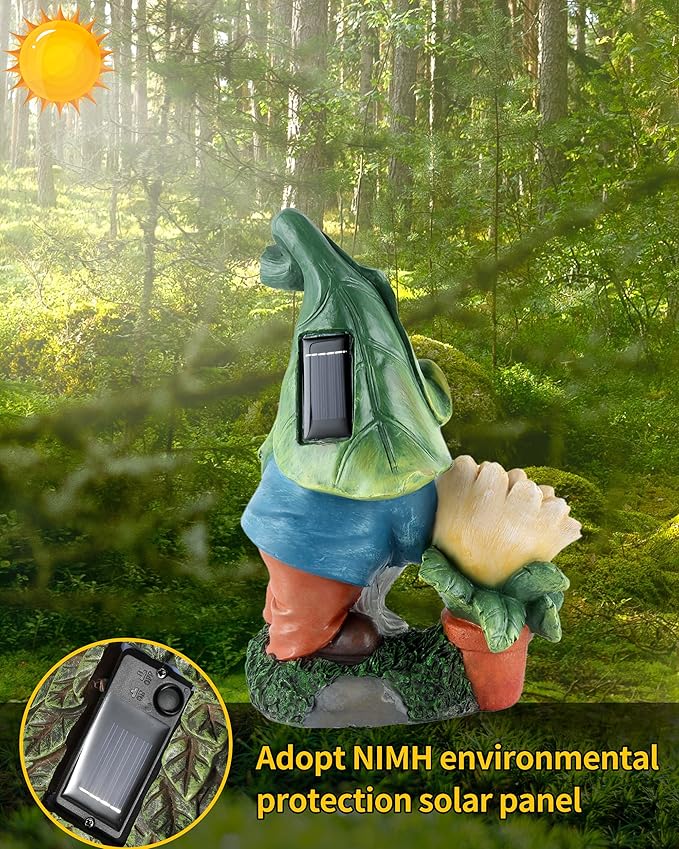 iStatue Large Solar Garden Gnome Figurines Lights - 12 in Tall Hand-Painted Statue for Outdoor Patio Decor, Lawn Ornaments, Yard and Balcony Housewarming Gifts (12'' Gnome)
